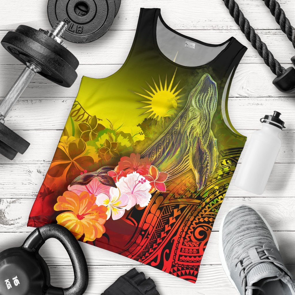 Marshall Islands Men's Tank Top - Humpback Whale with Tropical Flowers (Yellow) Yellow - Polynesian Pride