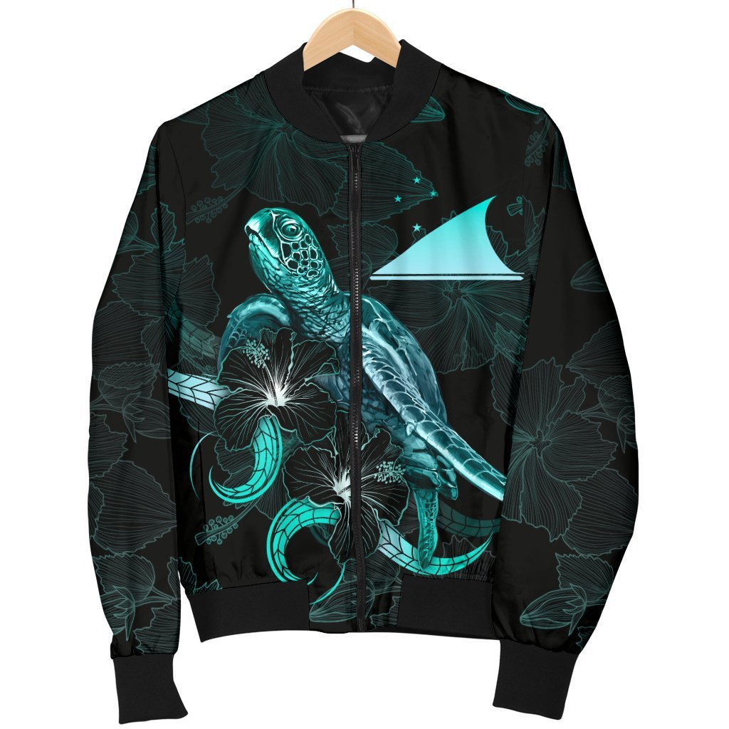 Tokelau Polynesian Men's Bomber Jacket - Turtle With Blooming Hibiscus Turquoise - Polynesian Pride