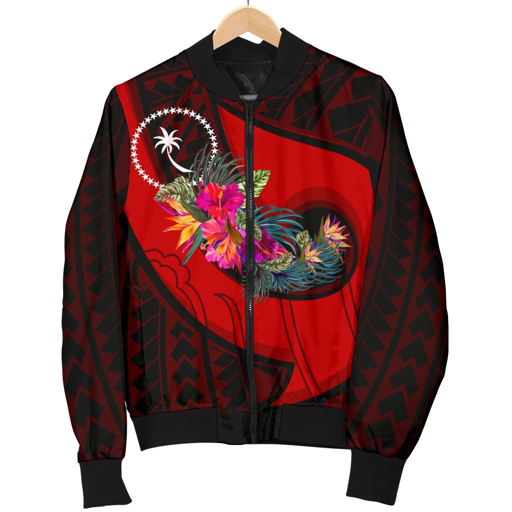 Chuuk Sp - Polynesian Hook And Hibiscus Bomber Jacket (Red) - Polynesian Pride