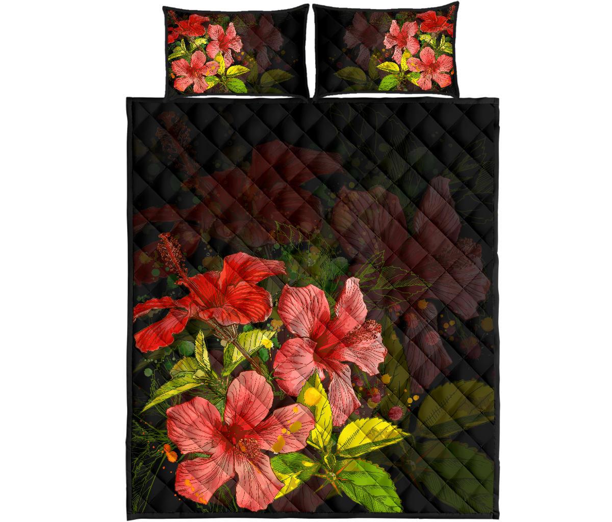 Hawaii Hibiscus Tree Quilt Bed Set Black - Polynesian Pride