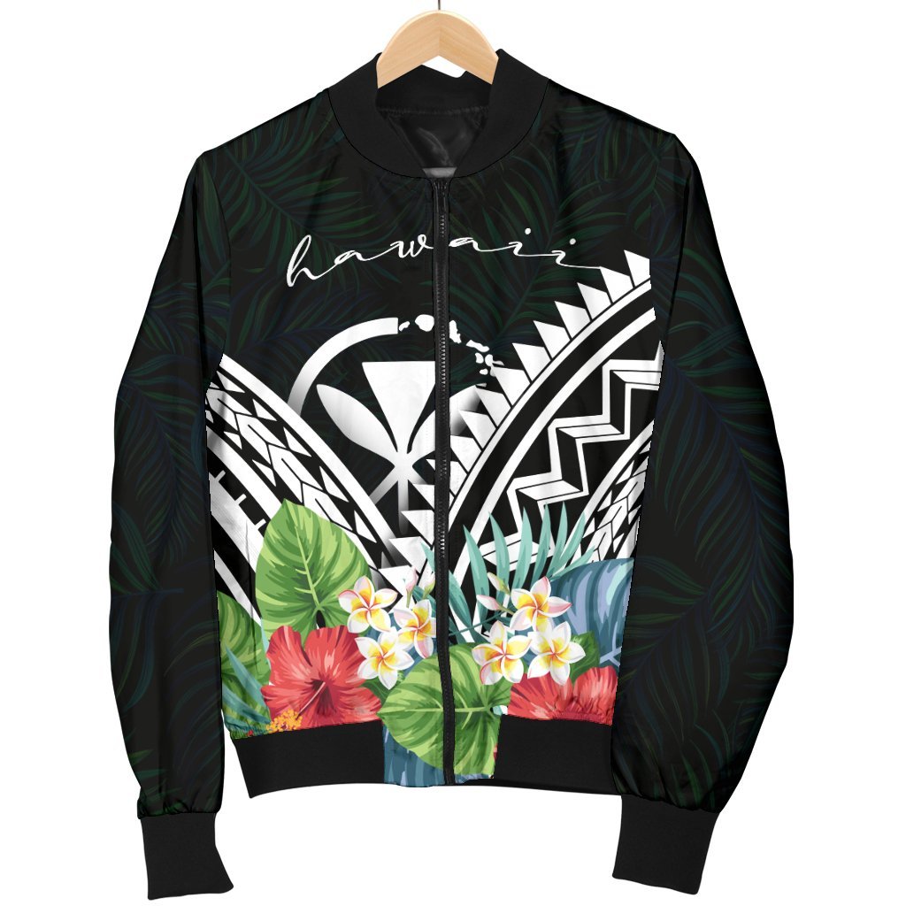 Hawaii Men's Bomber Jacket - Hawaii Coat of Arms & Polynesian Tropical Flowers White - Polynesian Pride