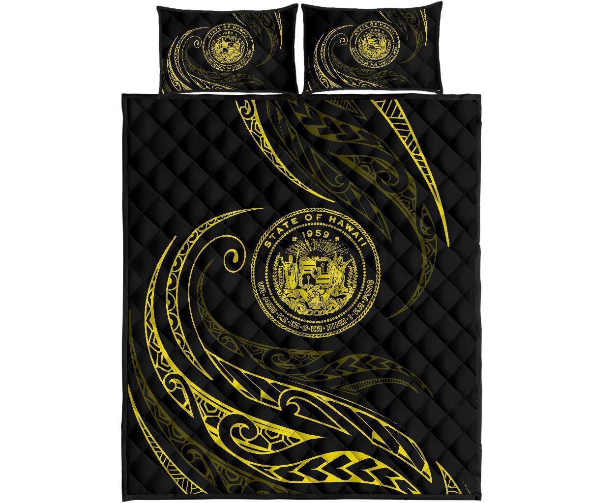Hawaii Coat Of Arms Quilt Bed Set - Yellow - Frida Style Black - Polynesian Pride