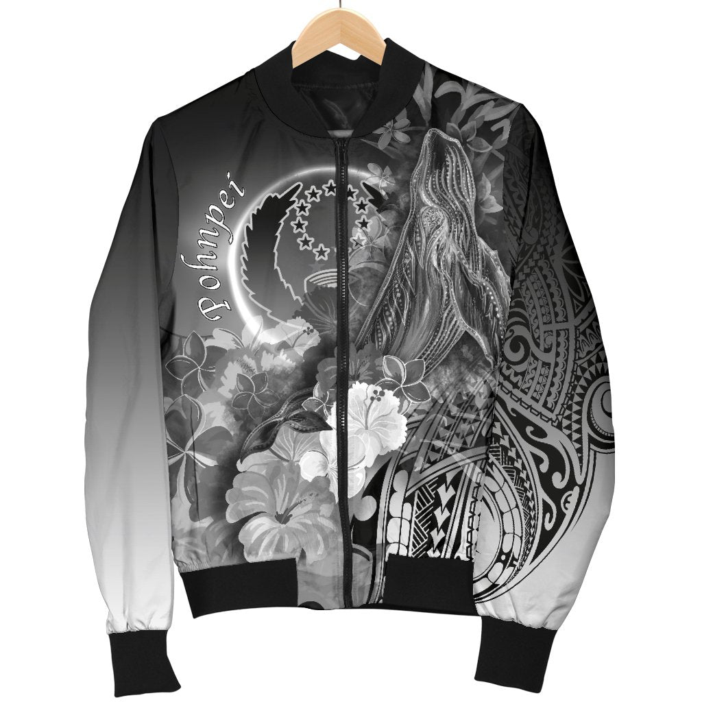Pohnpei Men's Bomber Jacket - Humpback Whale with Tropical Flowers (White) - Polynesian Pride