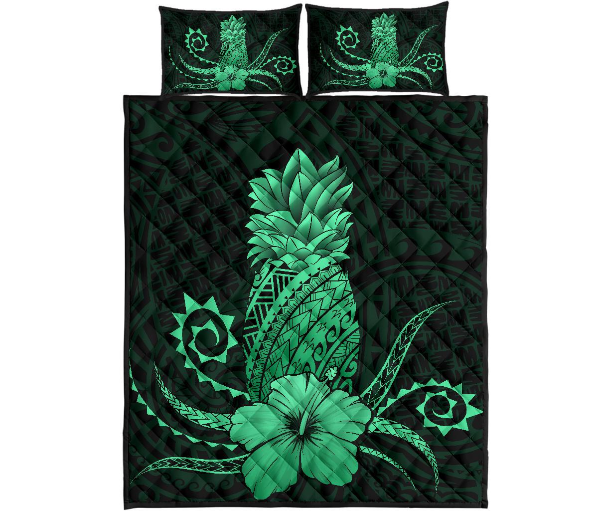 Hawaii Polynesian Pineapple Hibiscus Quilt Bed Set - Zela Style Green Green - Polynesian Pride