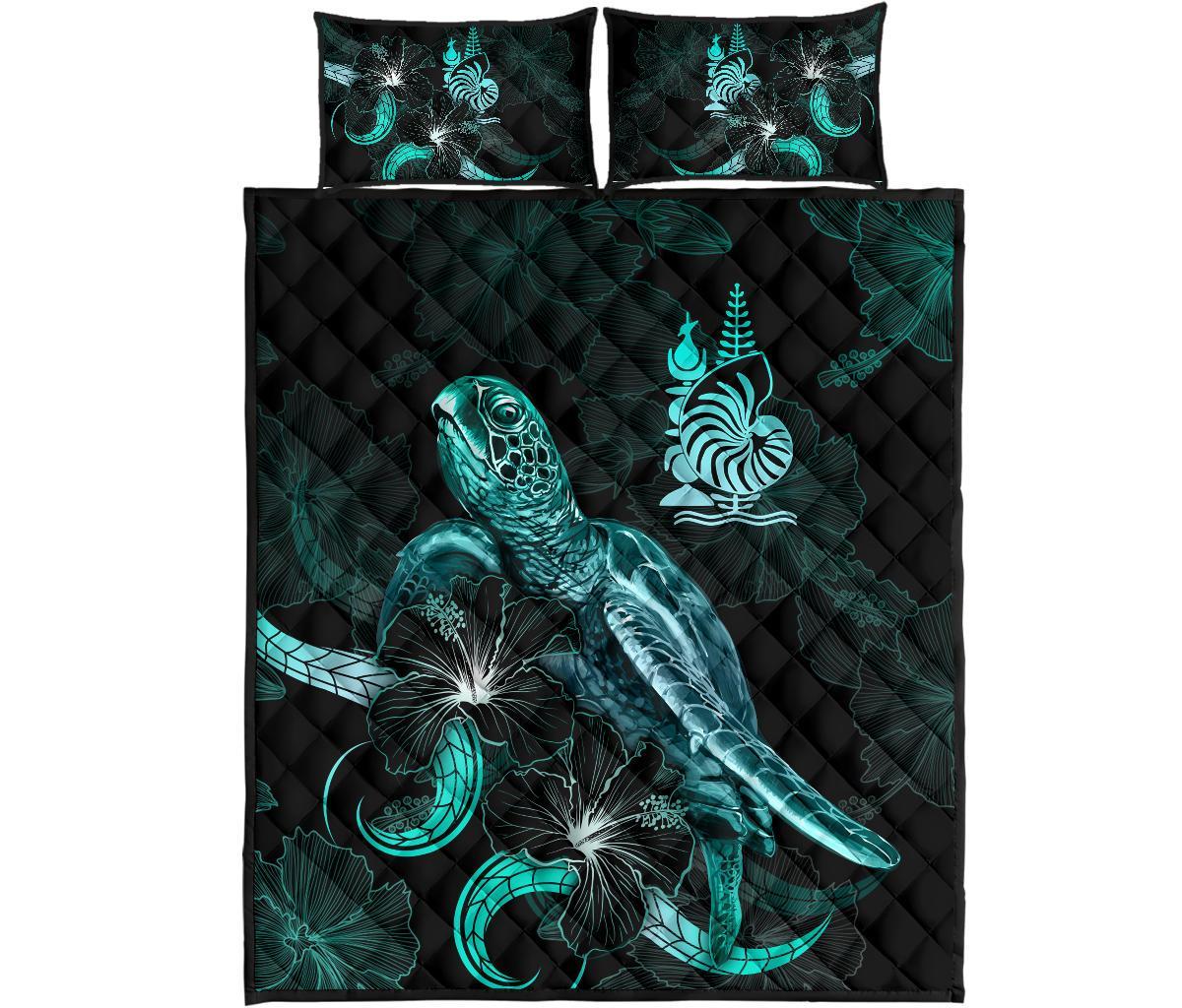 New Caledonia Polynesian Quilt Bed Set - Turtle With Blooming Hibiscus Turquoise - Polynesian Pride