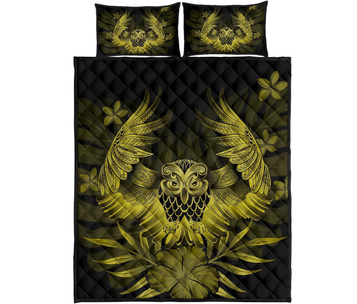 Hawaii Owl Hibiscus Plumeria Quilt Bed Set - Yellow Yellow - Polynesian Pride