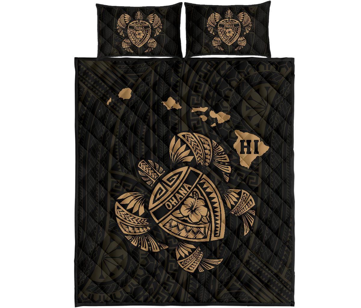 Hawaii Turtle Hibicus Map Quilt Bed Set - Gold Gold - Polynesian Pride