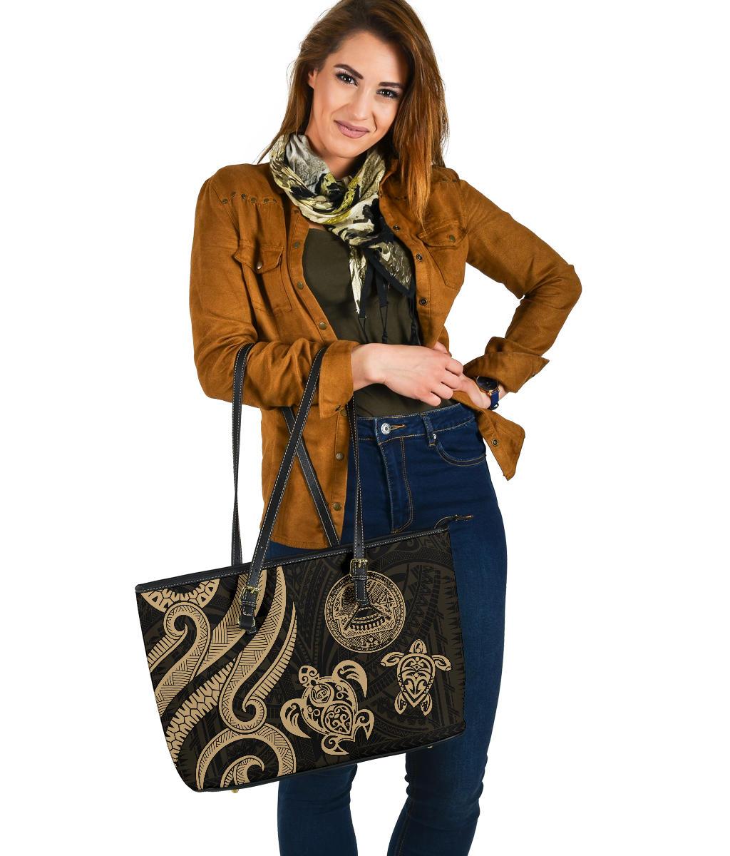 American Samoa Large Leather Tote - Gold Tentacle Turtle - Polynesian Pride