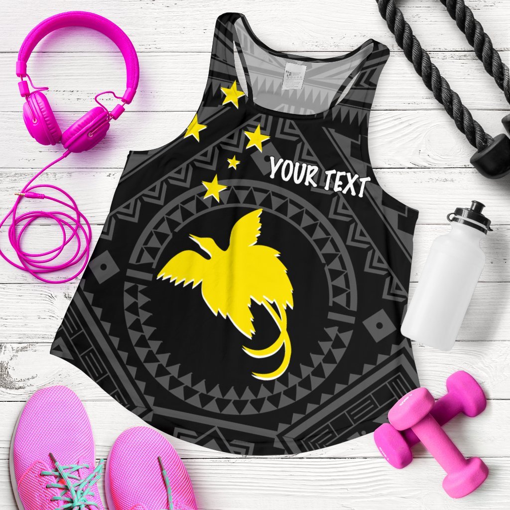 Papua New Guinea Personalised Women's Racerback Tank - Flag With Polynesian Patterns (Black) Black - Polynesian Pride