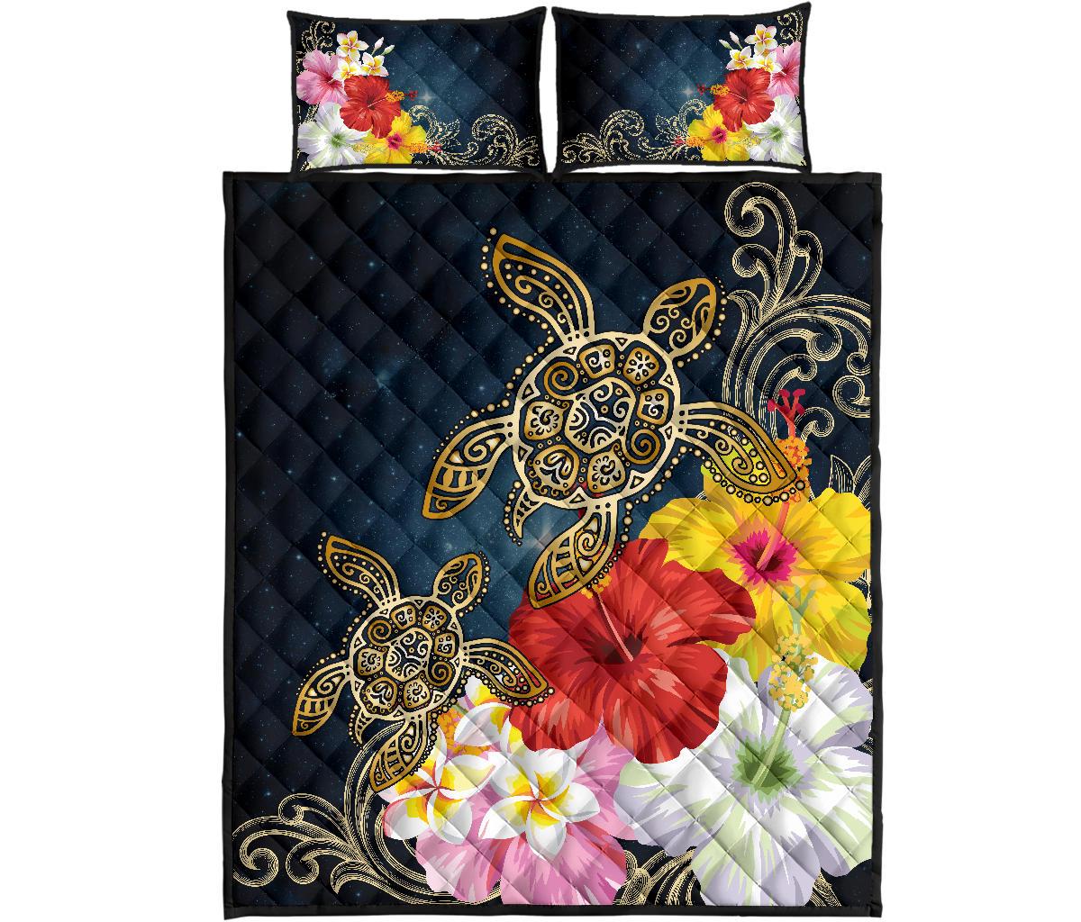 Hawaii Honu Hibiscus Galaxy Quilt Bed Set Art - Polynesian Pride