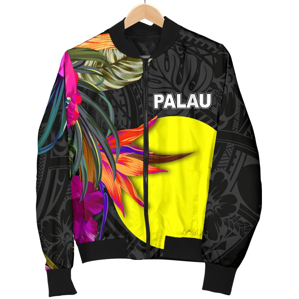 Palau Men's Bomber Jacket - Polynesian Hibiscus Pattern Black - Polynesian Pride