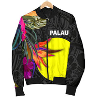 Palau Men's Bomber Jacket - Polynesian Hibiscus Pattern Black - Polynesian Pride