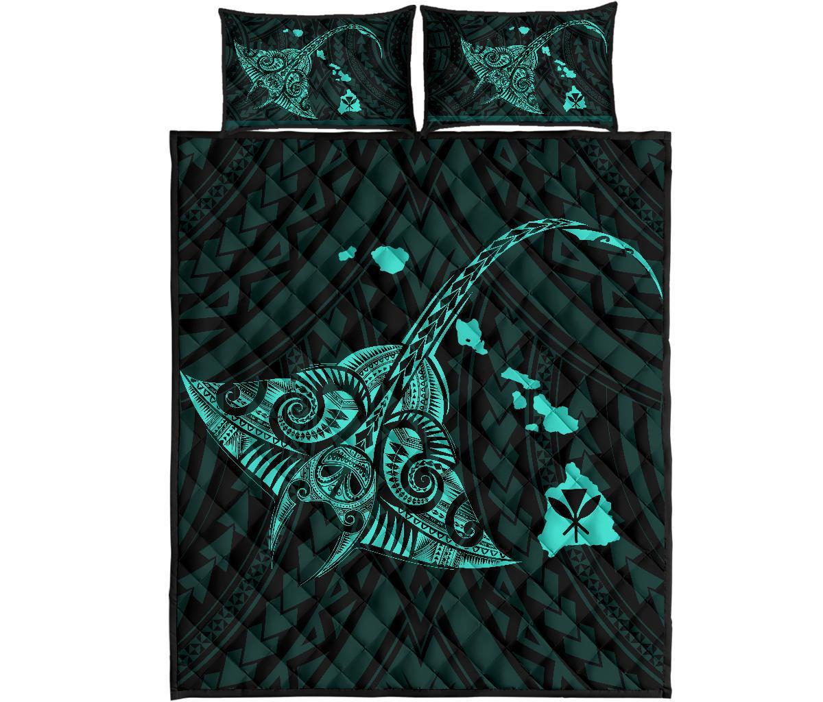 Hawaii Manta Ray Map Polynesian Turquoise Quilt Bed Set Turquoise - Polynesian Pride