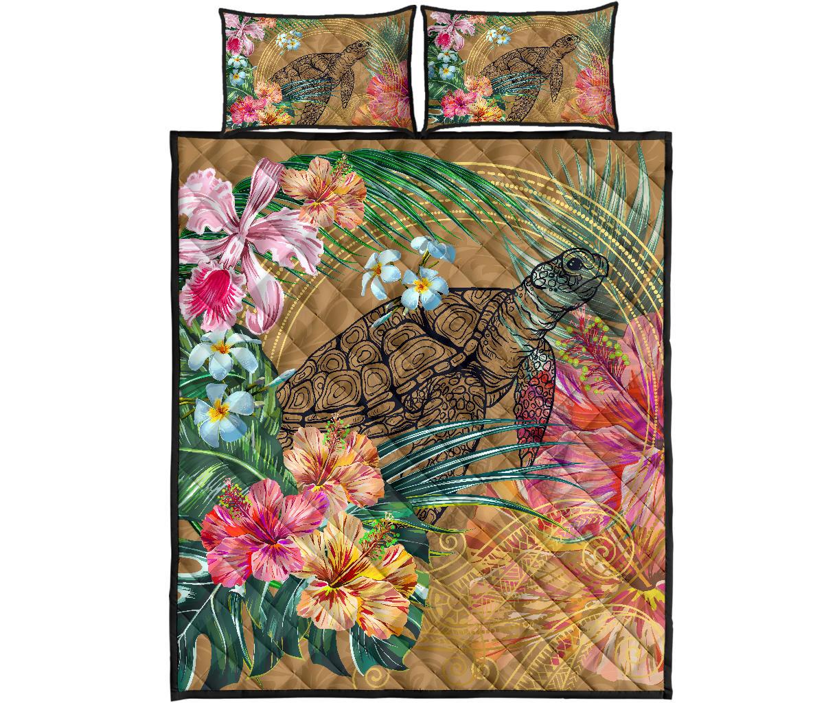 Hawaii Turtle Hibiscus Polynesian Gold Quilt Bed Set - Moon Style - AH Gold - Polynesian Pride