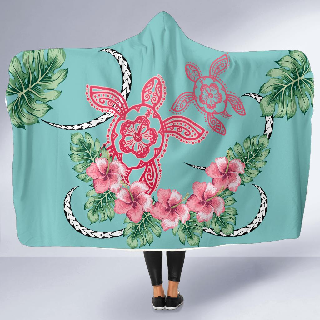 Hawaii Tropical Hibiscus Turtle Mint Style - Hooded Blanket AH Hooded Blanket Turquoise - Polynesian Pride