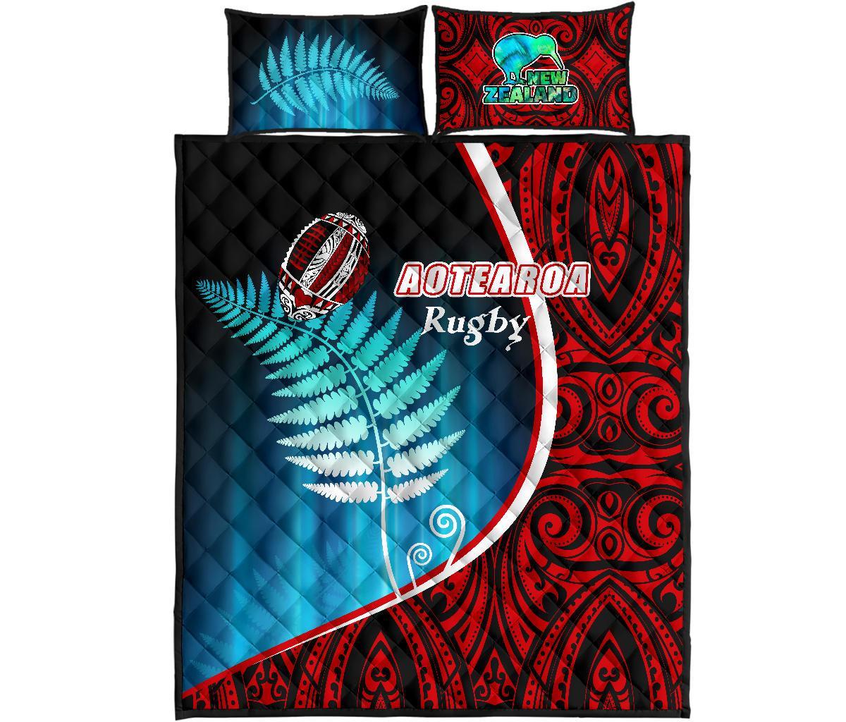 Aotearoa Rugby Black Maori Quilt Bed Set Kiwi And Silver Fern New Zealand Black - Polynesian Pride