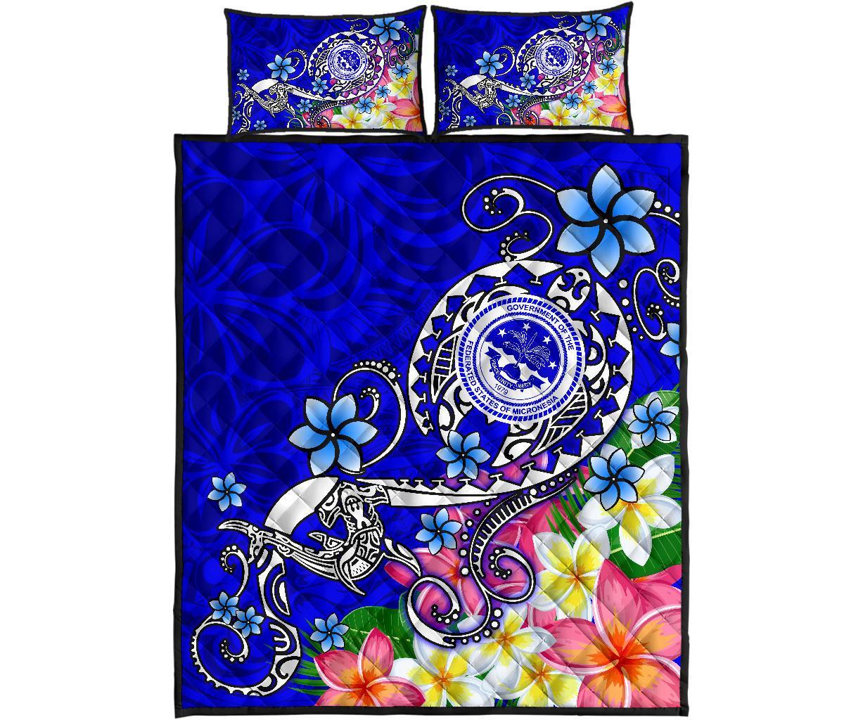 FSM Quilt Bed Set - Turtle Plumeria (Blue) - Polynesian Pride