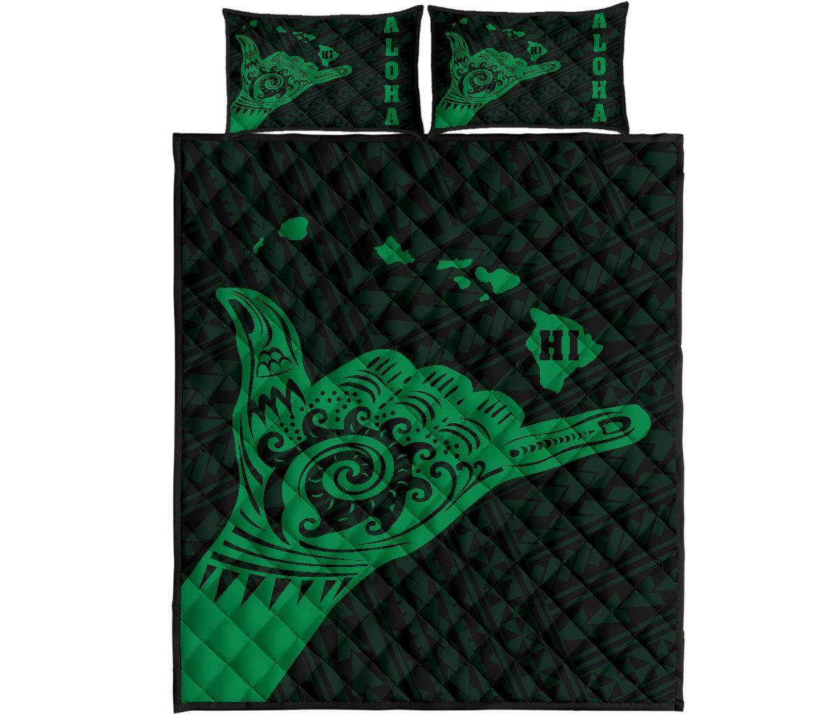 Hawaii Shaka Map Polynesian Quilt Bed Set - Green Green - Polynesian Pride