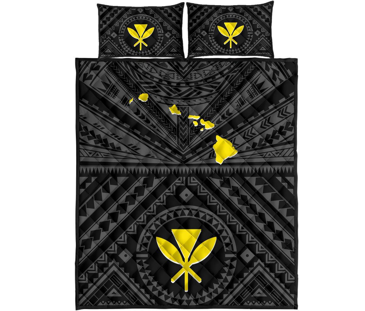Hawaii Quilt Bed Set - Hawaii Kanaka Maoli And Map ( Black) - Polynesian Pride