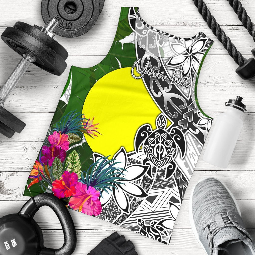 Palau Custom Personalised Men's Tank Top White - Turtle Plumeria Banana Leaf White - Polynesian Pride