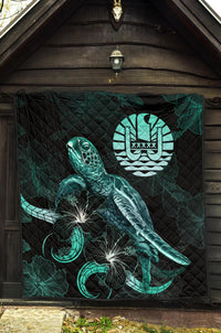 Tahiti Polynesian Premium Quilt - Turtle With Blooming Hibiscus Turquoise - Polynesian Pride