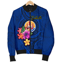 Tahiti Polynesian Men's Bomber Jacket - Floral With Seal Blue - Polynesian Pride