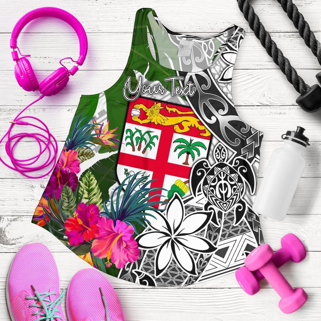 Fiji Custom Personalised Women's Racerback Tank White - Turtle Plumeria Banana Leaf White - Polynesian Pride