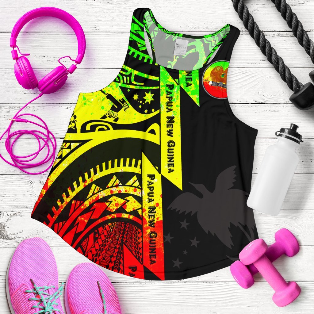 Polynesian Guinea Women's Racerback Tank - Moana Maui Tattoo With Coat Of Arm Guinea Reggae Art - Polynesian Pride