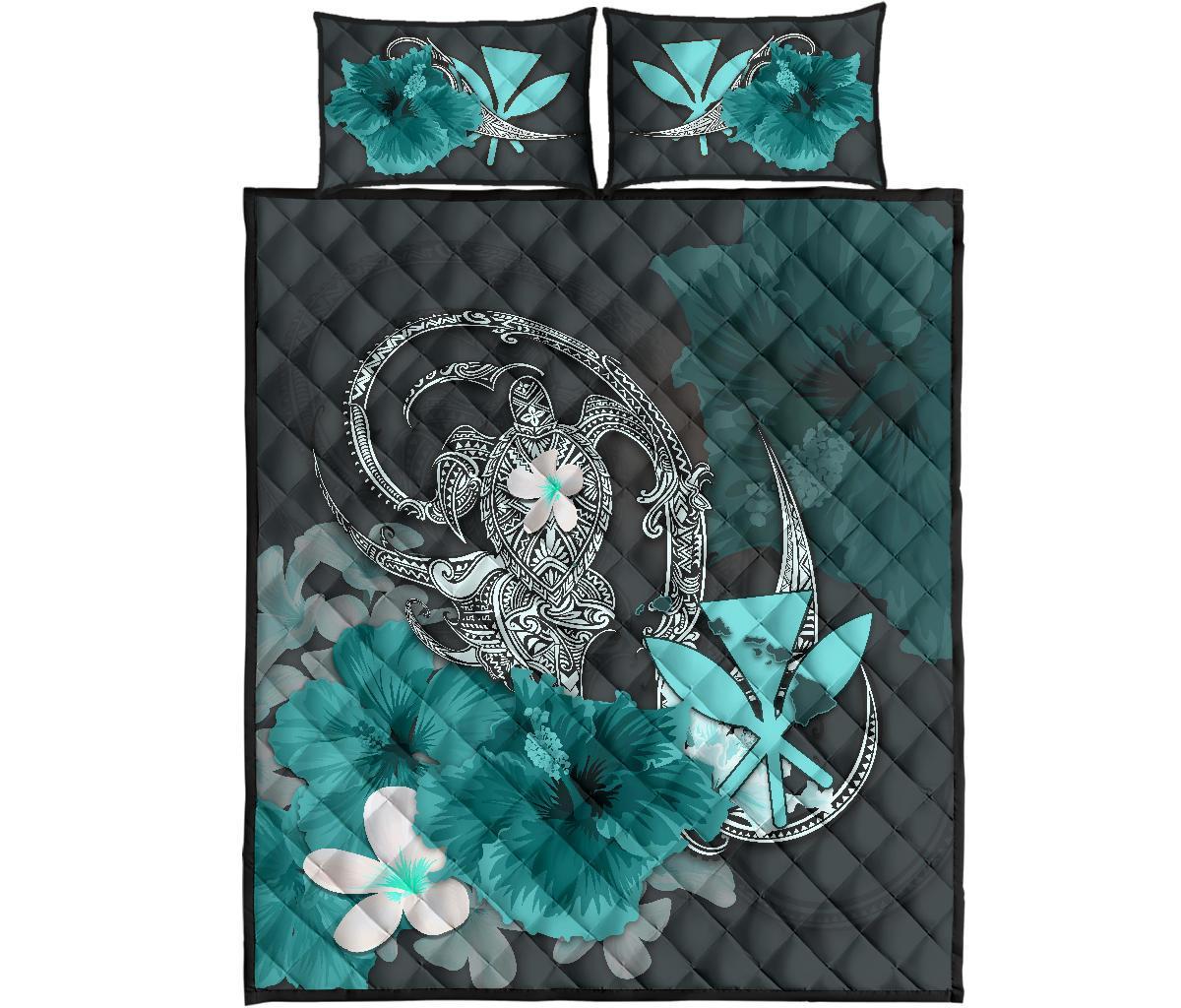 Kanaka Maoli (Hawaii) Quilt Bed Set - Hibiscus Turtle Tribal Turquoise Turquoise - Polynesian Pride