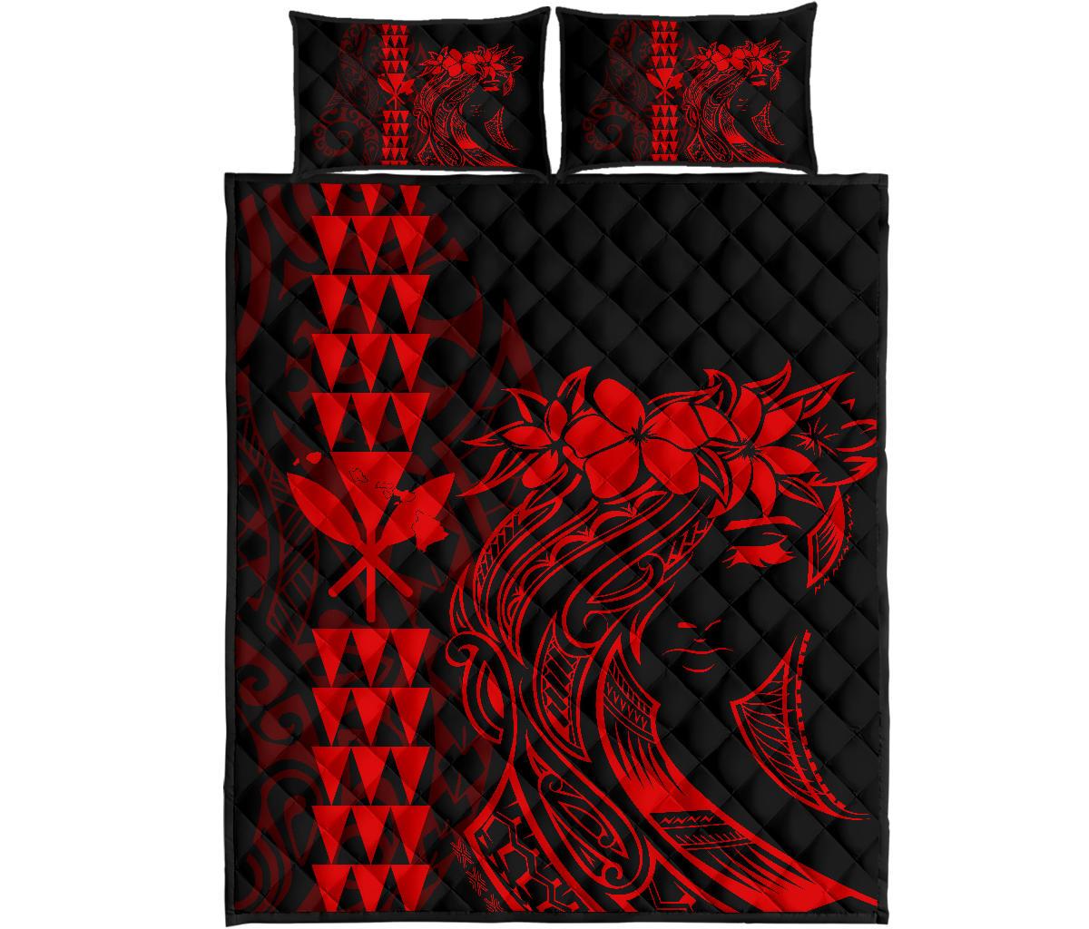 Hawaii Map Kanaka Polynesian Hula Girl Quilt Bed Set - Red - Polynesian Pride
