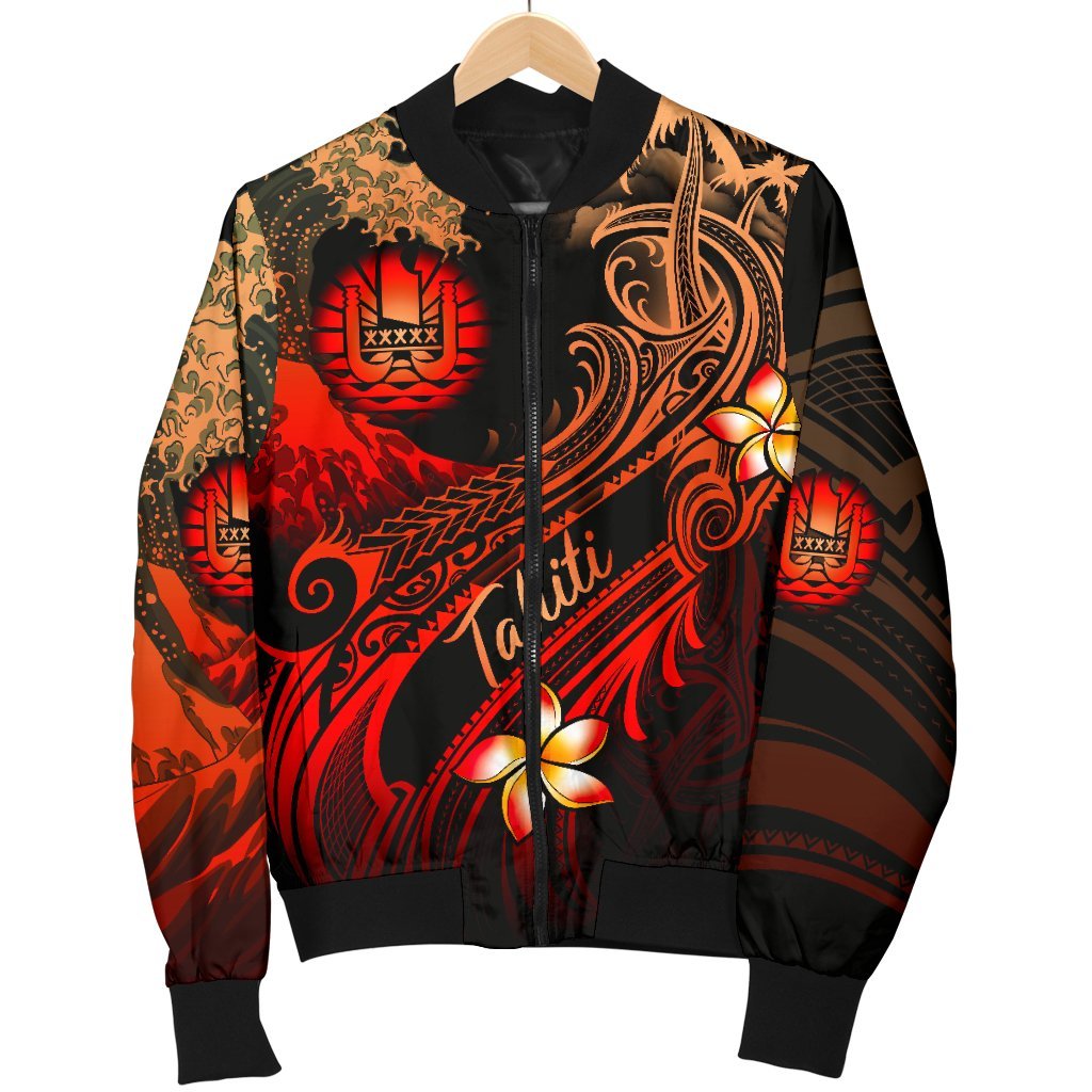 Tahiti Polynesian Men's Bomber Jacket - Plumeria Flowers And Waves - Polynesian Pride