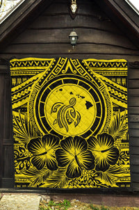 Hawaii Premium Quilt - Hawaii Map Honu Hibiscus Yellow Polynesian Premium Quilt - Polynesian Pride