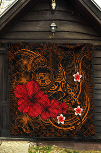 Polynesian Hawaii Premium Quilt - Humpback Whale with Hibiscus (Golden) - Polynesian Pride