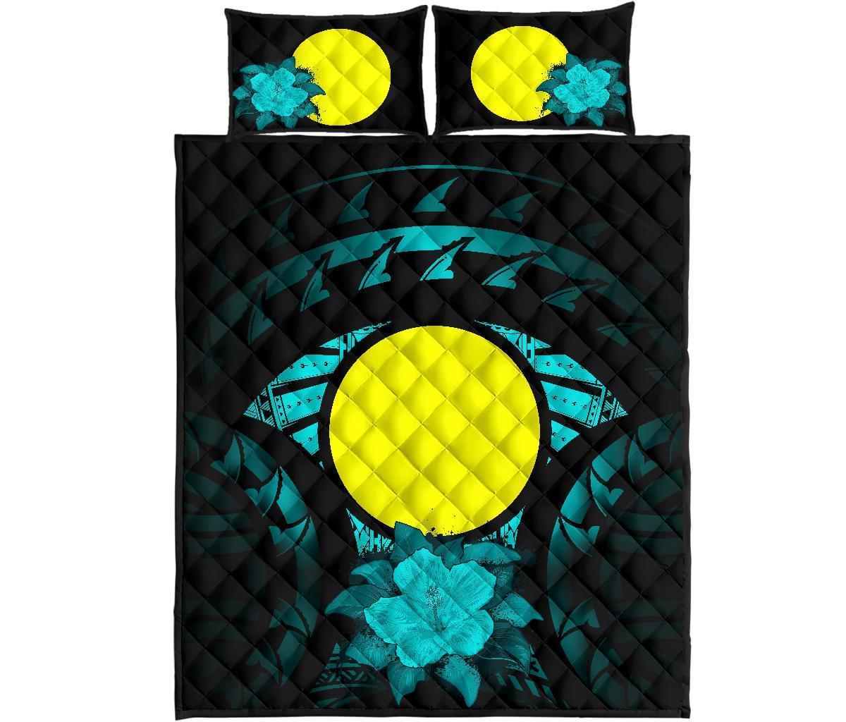 Palau Polynesian Quilt Bed Set Hibiscus Turquoise - Polynesian Pride