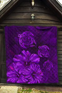 Hawaiian Map Hibiscus Turtle Vintage Polynesian Premium Quilt Purple - Polynesian Pride
