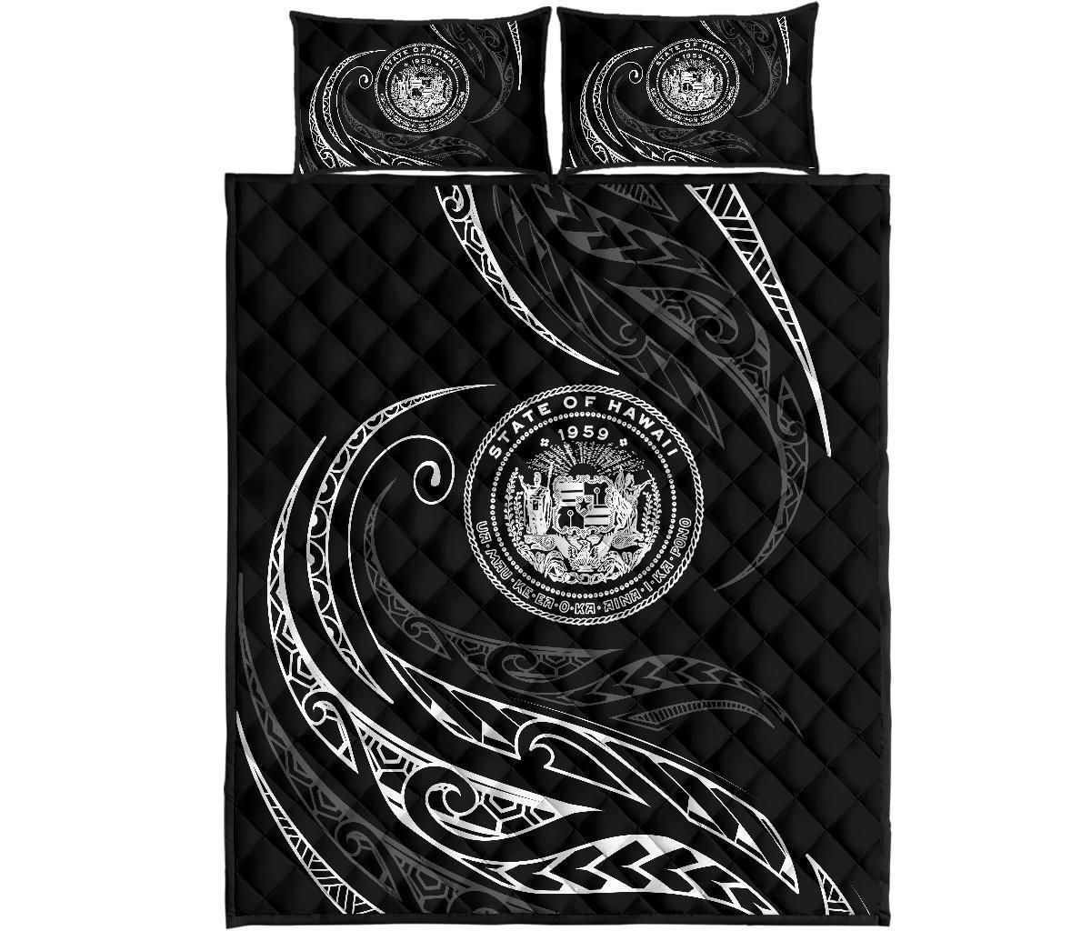 Hawaii Coat Of Arms Quilt Bed Set - White - Frida Style Black - Polynesian Pride