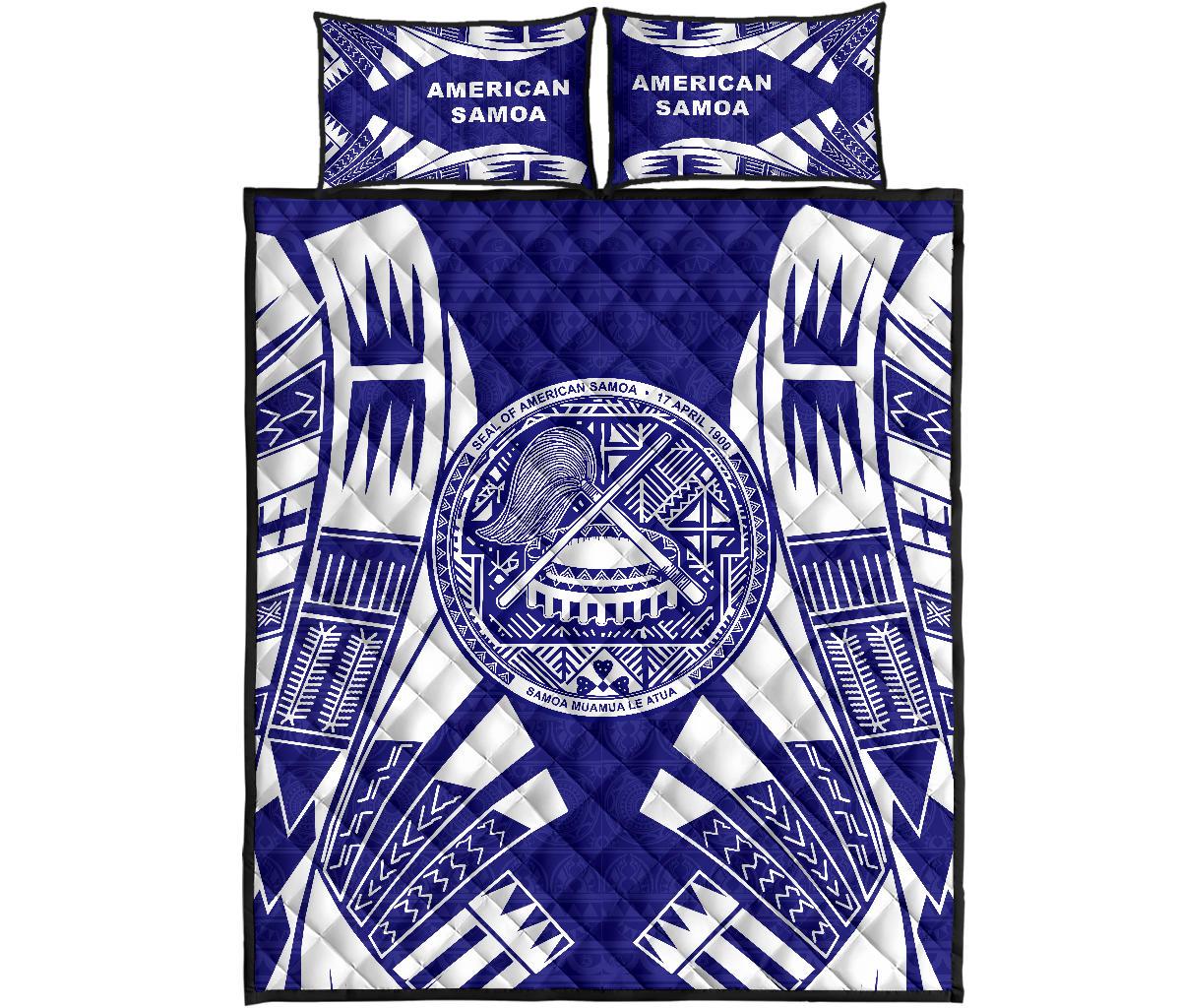 American Samoa Quilt Bed Set - American Samoa Seal Polynesian Tattoo Blue - Polynesian Pride