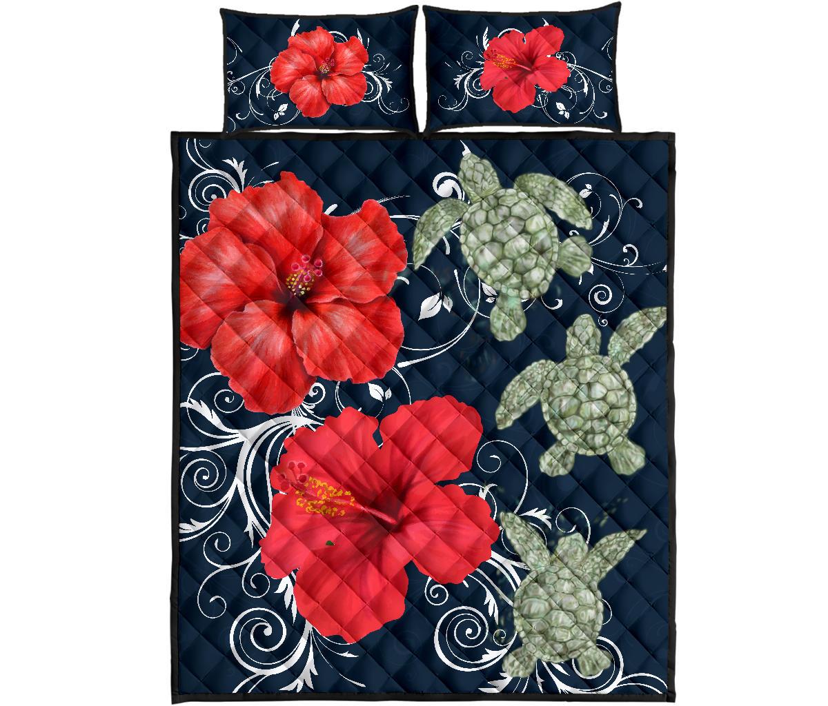 Hawaii Deep Blue Hibiscus Turtle Quilt Bed Set - AH - Mike Style Blue - Polynesian Pride