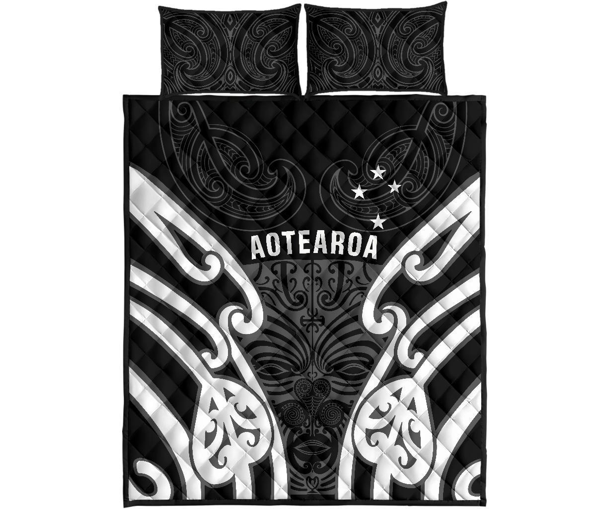 Aotearoa Quilt Bed Set Maori Moko Black White Black - Polynesian Pride