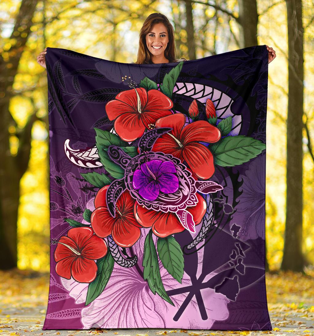 Polynesian Hawaii Premium Blanket - Purple Hibiscus Turtle Flowing - Polynesian Pride