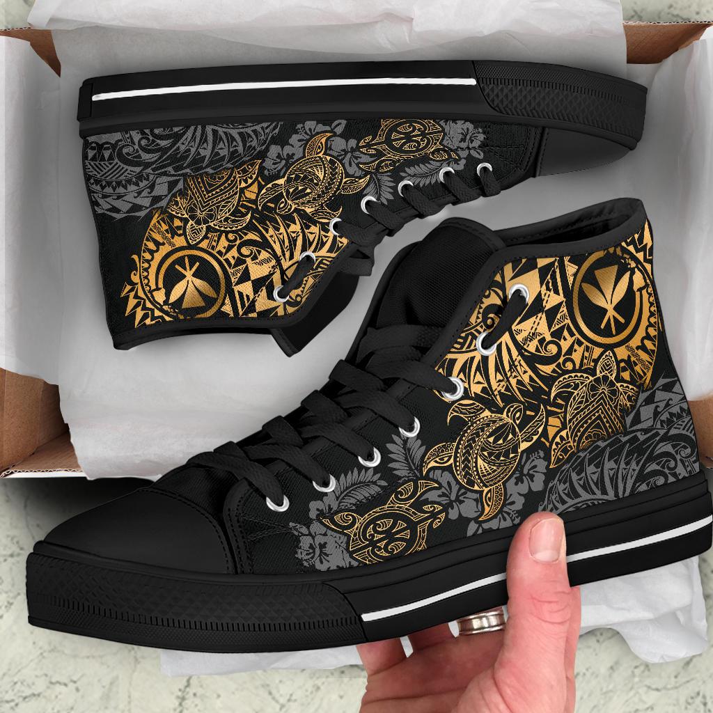 Polynesian Hawaii (Kanaka Maoli) High Top Shoes - Gold Hibiscus Turtle Flowing - Polynesian Pride