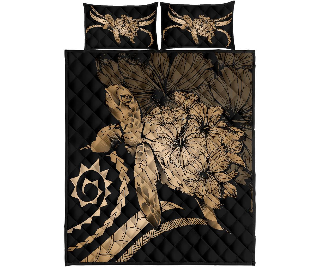 Hawaii Turtle Hibiscus Polynesian Vintage Quilt Bed Set - Gold Gold - Polynesian Pride