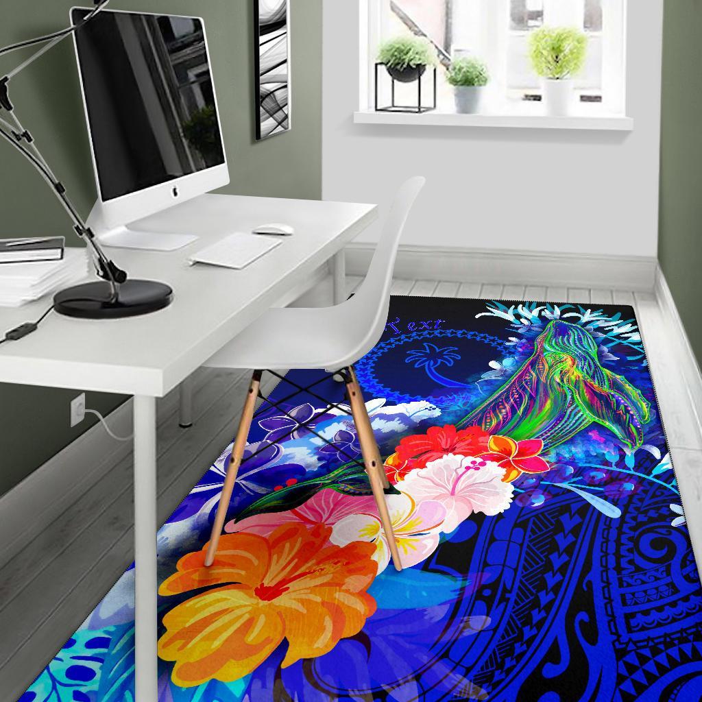 Custom Personalised Chuuk Area Rug - Humpback Whale with Tropical Flowers (Blue) - Polynesian Pride
