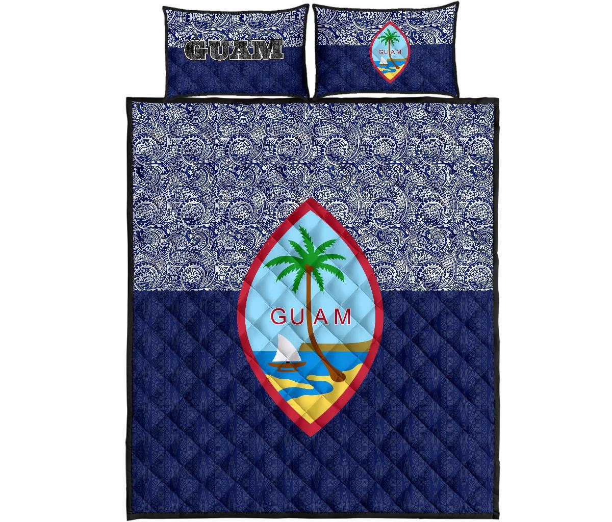 Guam Quilt Bed Set - Guam Coat Of Arms Polynesian Design Blue - Polynesian Pride