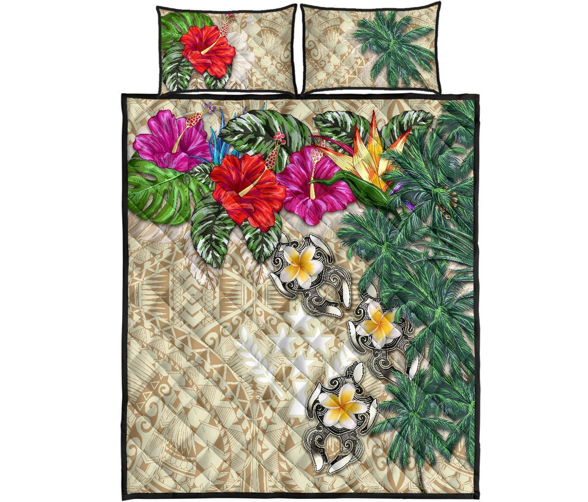 Kosrae Polynesian Quilt Bed Set - Hibiscus Turtle Tattoo Beige - Polynesian Pride