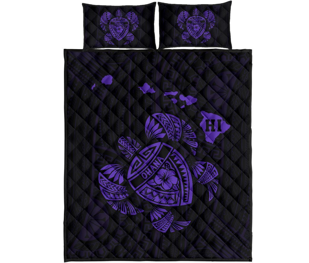 Hawaii Turtle Hibicus Map Quilt Bed Set - Purple Art - Polynesian Pride