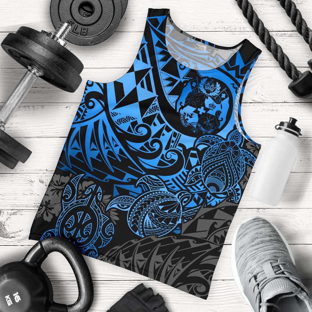 Tonga Polynesian Tank Top (Men) - Blue Turtle Flowing Blue - Polynesian Pride