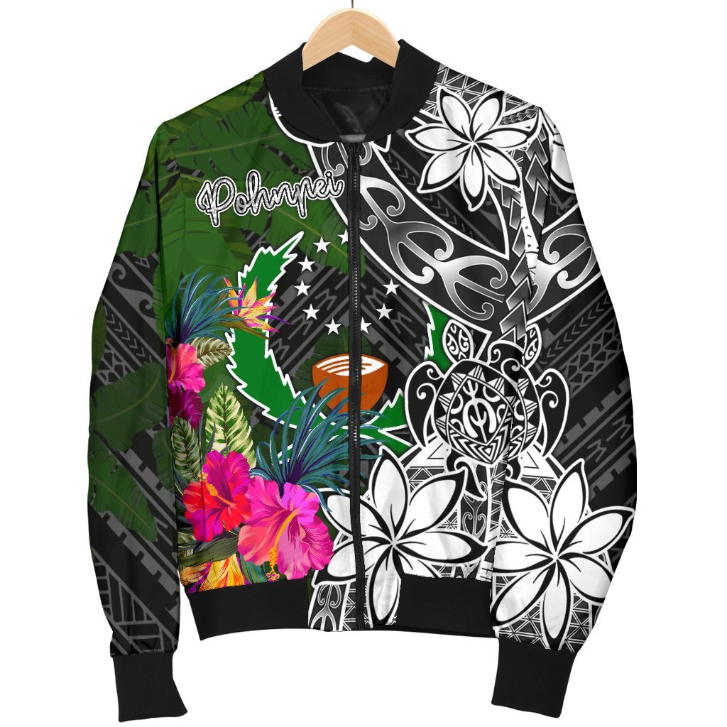 Pohnpei Men Bomber Jacket - Turtle Plumeria Banana Leaf - Polynesian Pride