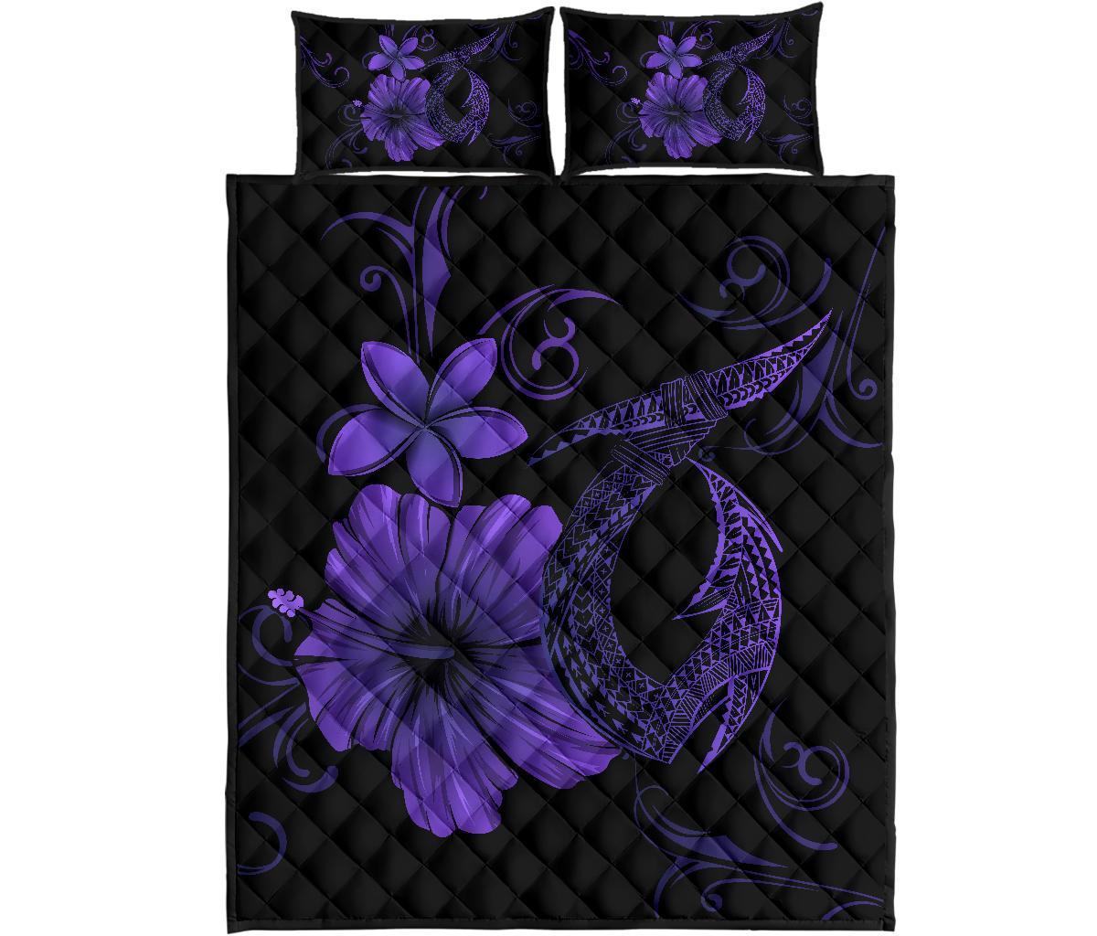 Hawaii Fish Hook Kanaka Map Hibiscus Poly Quilt Bed Set - Purple Art - Polynesian Pride