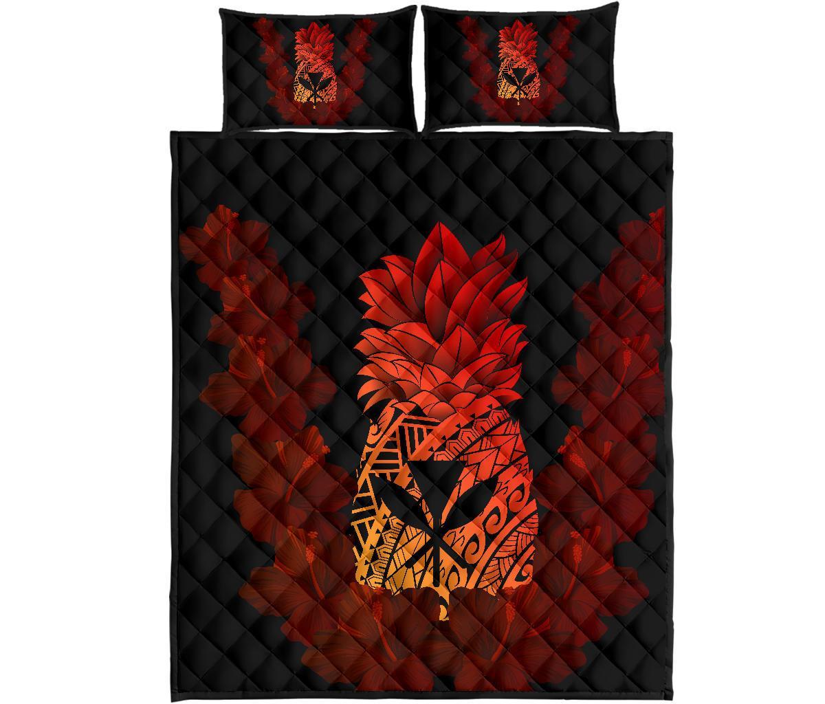 Hawaii Pineapple Hibiscus Kanaka Quilt Bed Set Orange - Polynesian Pride